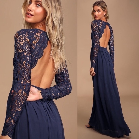 Lulus Dresses & Skirts - NWT Lulu's Navy Blue Awaken My Love Long Sleeve Lace Maxi Dress- Size M